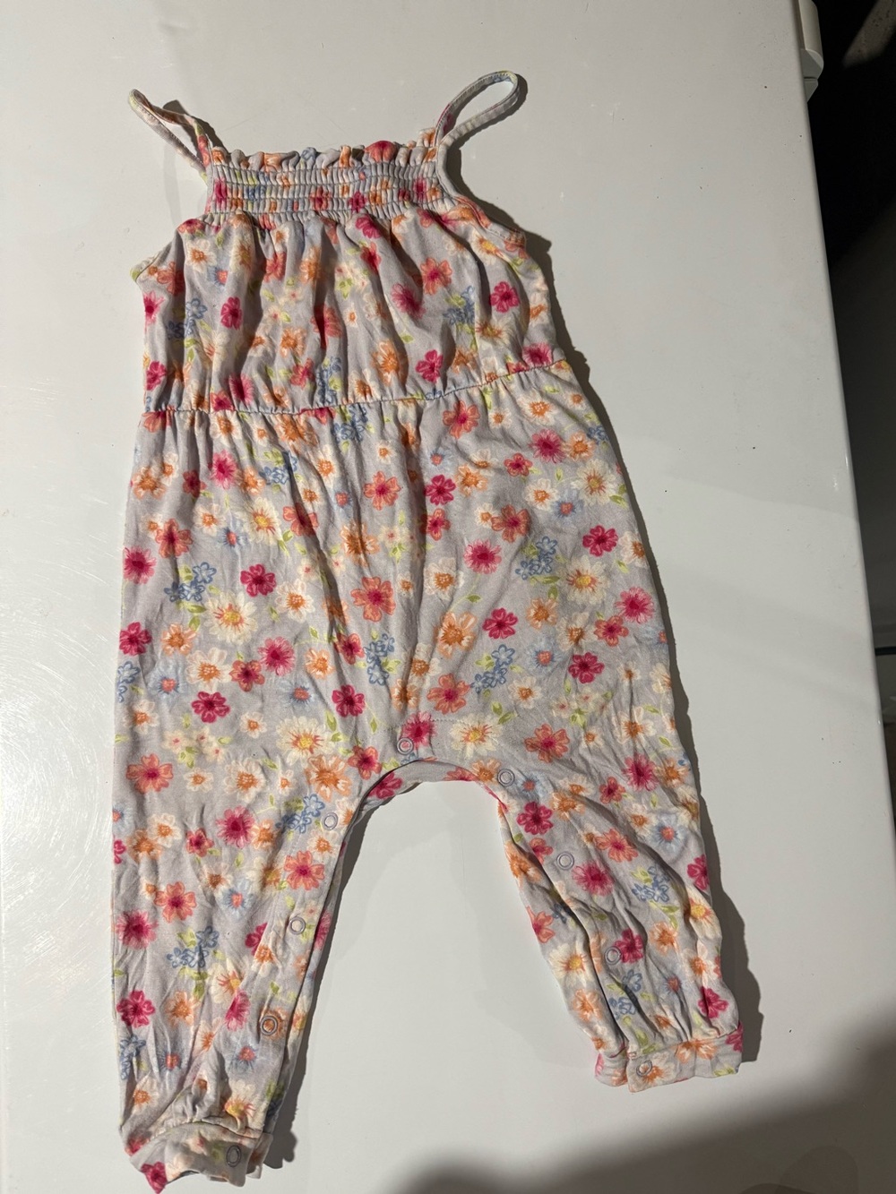 Posh Peanut Floral Smocked-Strap Romper - Pink, Orange & Blue